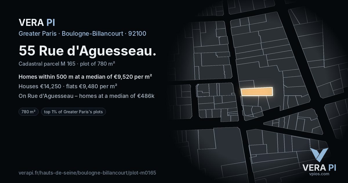 55 Rue d'Aguesseau, Boulogne-Billancourt at night – the plot lit, the parcels around coloured by the prices near them
