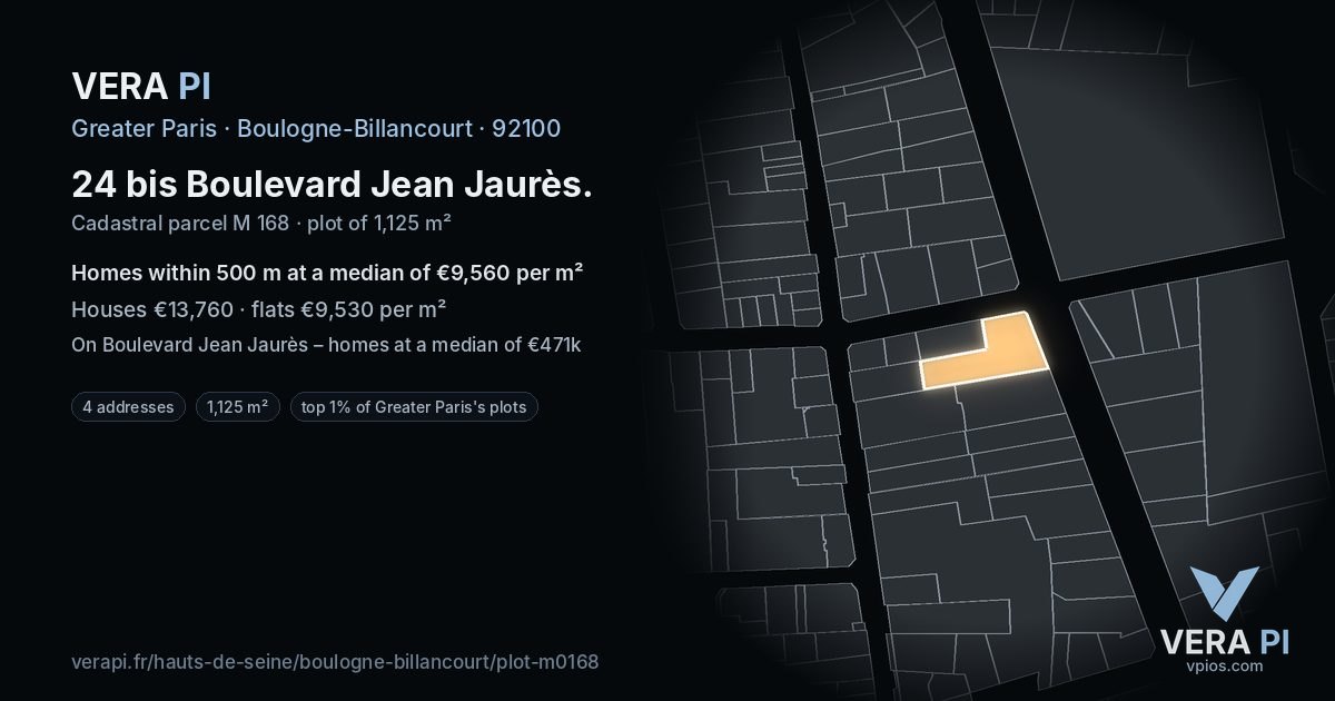 24 bis Boulevard Jean Jaurès, Boulogne-Billancourt at night – the plot lit, the parcels around coloured by the prices near them