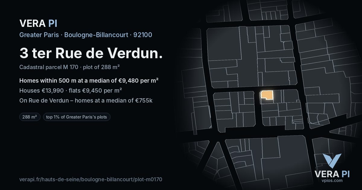 3 ter Rue de Verdun, Boulogne-Billancourt at night – the plot lit, the parcels around coloured by the prices near them