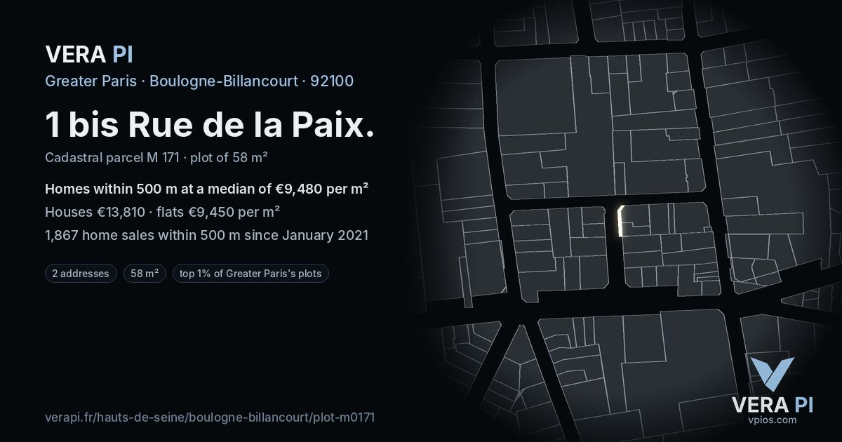 1 bis Rue de la Paix, Boulogne-Billancourt at night – the plot lit, the parcels around coloured by the prices near them