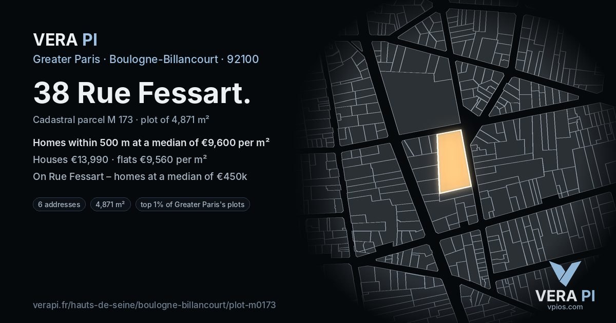 38 Rue Fessart, Boulogne-Billancourt at night – the plot lit, the parcels around coloured by the prices near them
