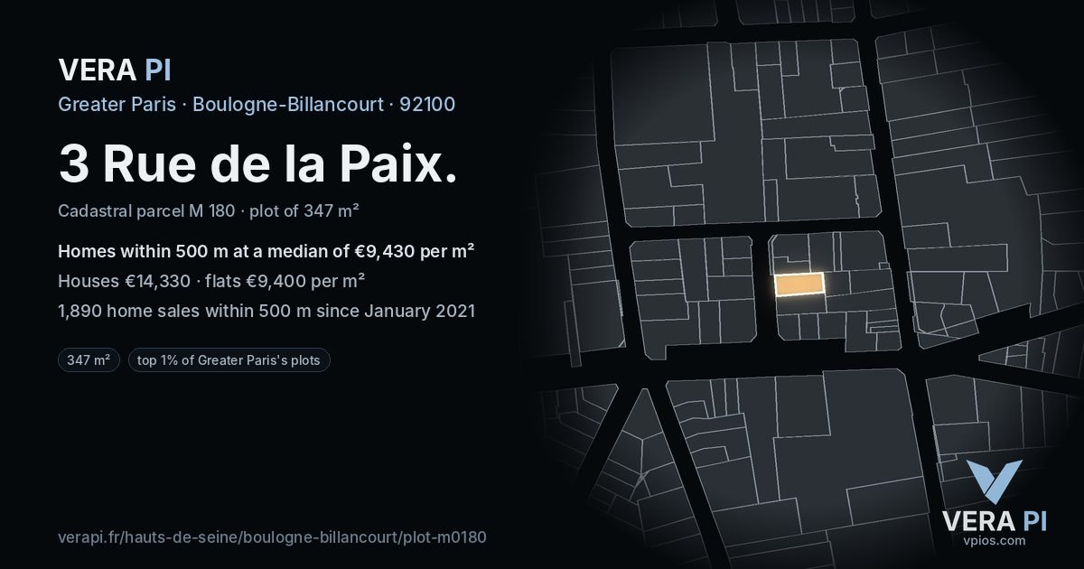 3 Rue de la Paix, Boulogne-Billancourt at night – the plot lit, the parcels around coloured by the prices near them