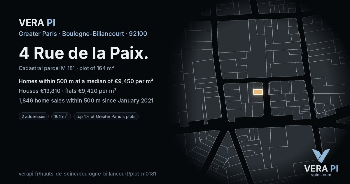 4 Rue de la Paix, Boulogne-Billancourt at night – the plot lit, the parcels around coloured by the prices near them