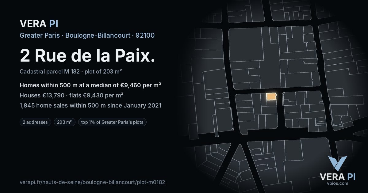 2 Rue de la Paix, Boulogne-Billancourt at night – the plot lit, the parcels around coloured by the prices near them