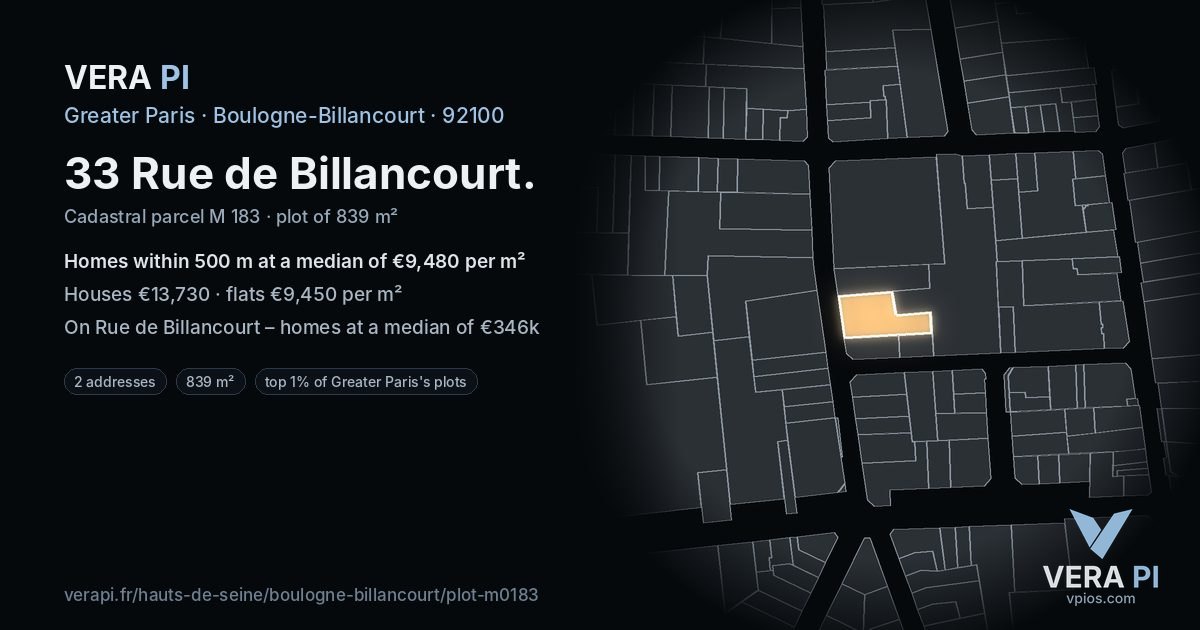 33 Rue de Billancourt, Boulogne-Billancourt at night – the plot lit, the parcels around coloured by the prices near them