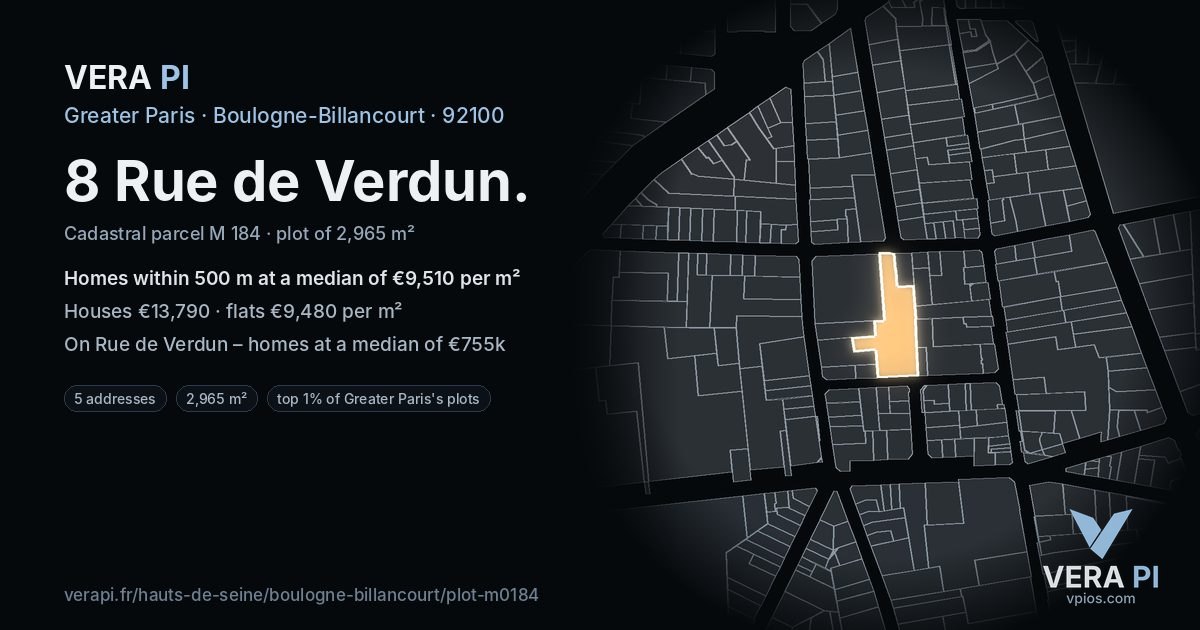 8 Rue de Verdun, Boulogne-Billancourt at night – the plot lit, the parcels around coloured by the prices near them