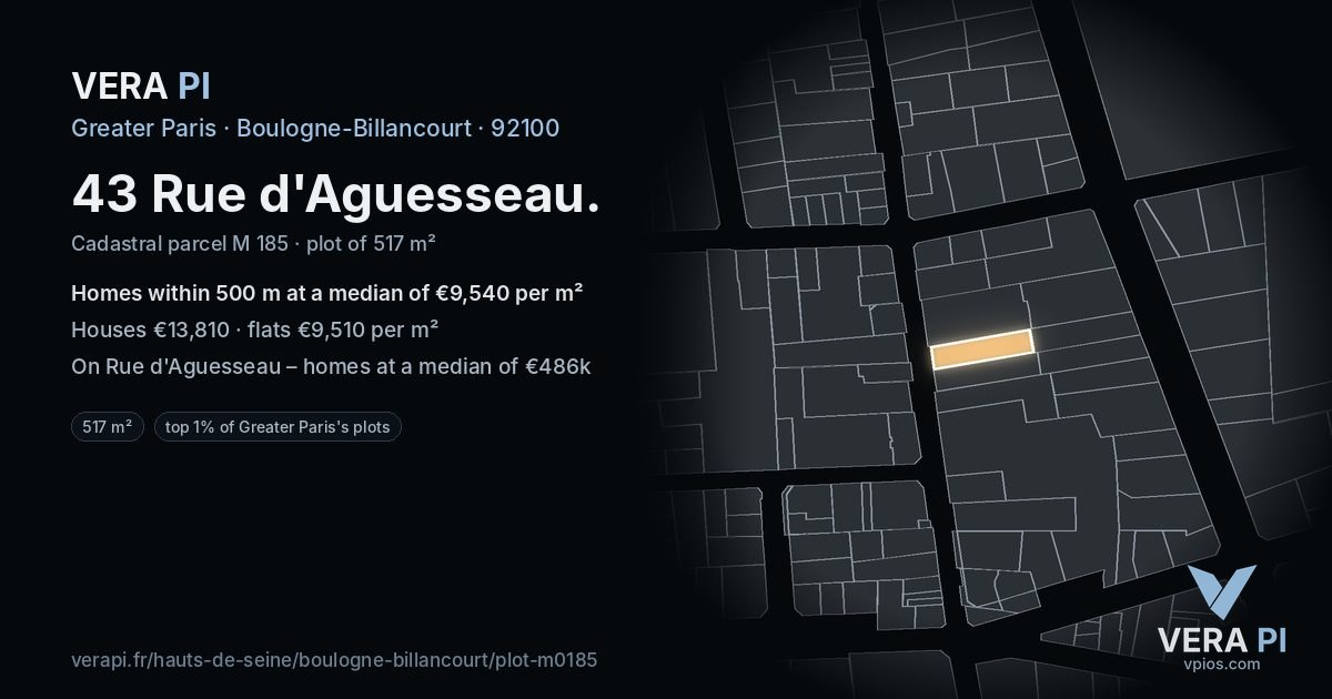 43 Rue d'Aguesseau, Boulogne-Billancourt at night – the plot lit, the parcels around coloured by the prices near them
