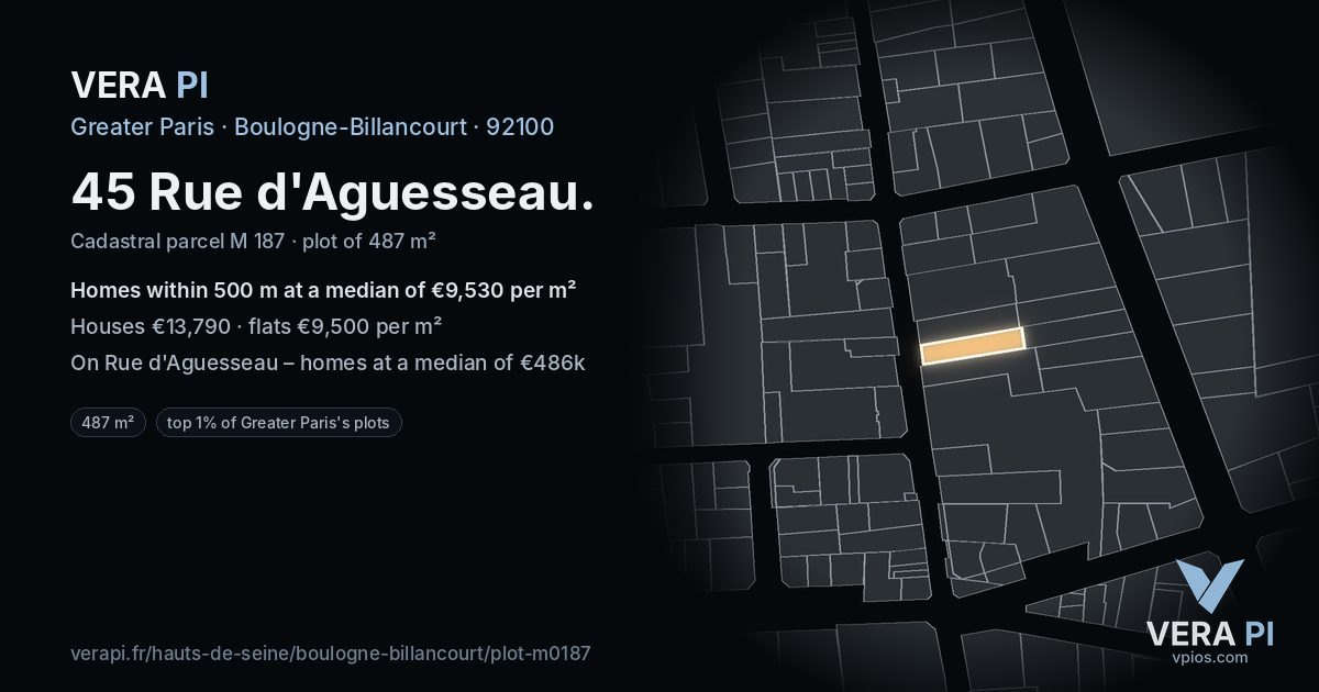 45 Rue d'Aguesseau, Boulogne-Billancourt at night – the plot lit, the parcels around coloured by the prices near them