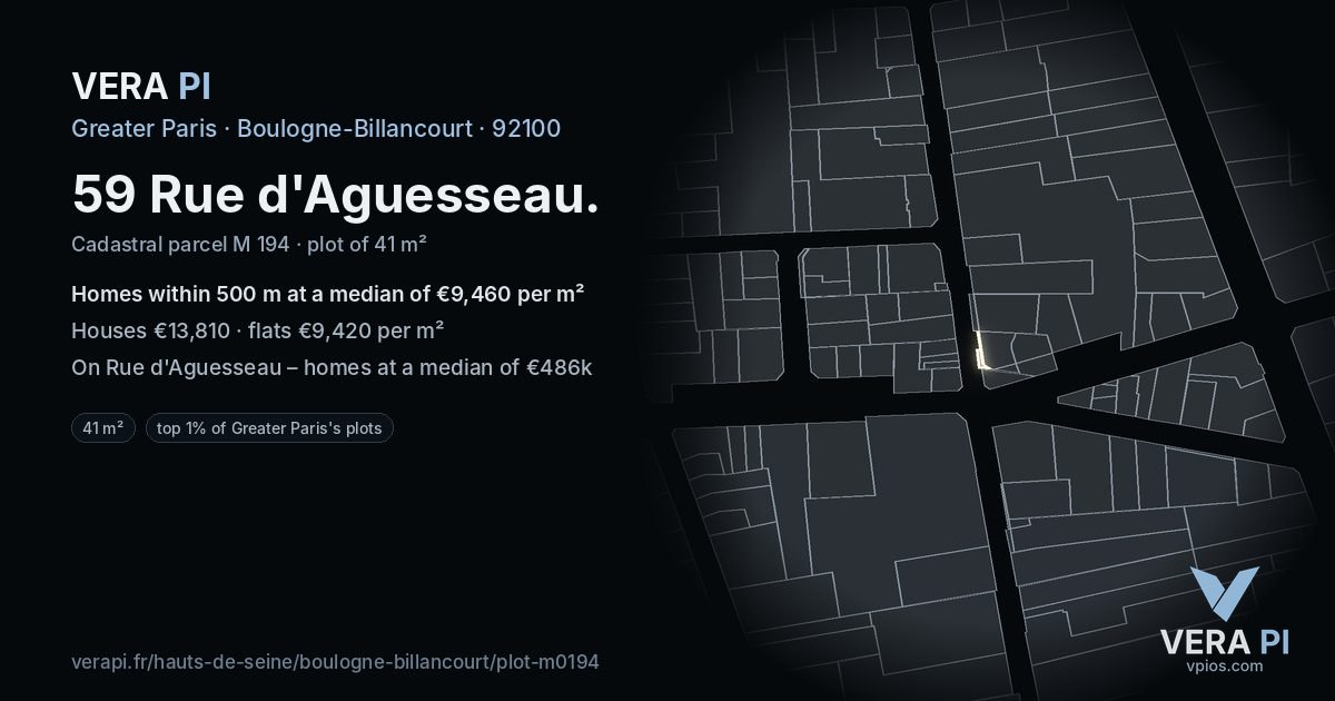 59 Rue d'Aguesseau, Boulogne-Billancourt at night – the plot lit, the parcels around coloured by the prices near them
