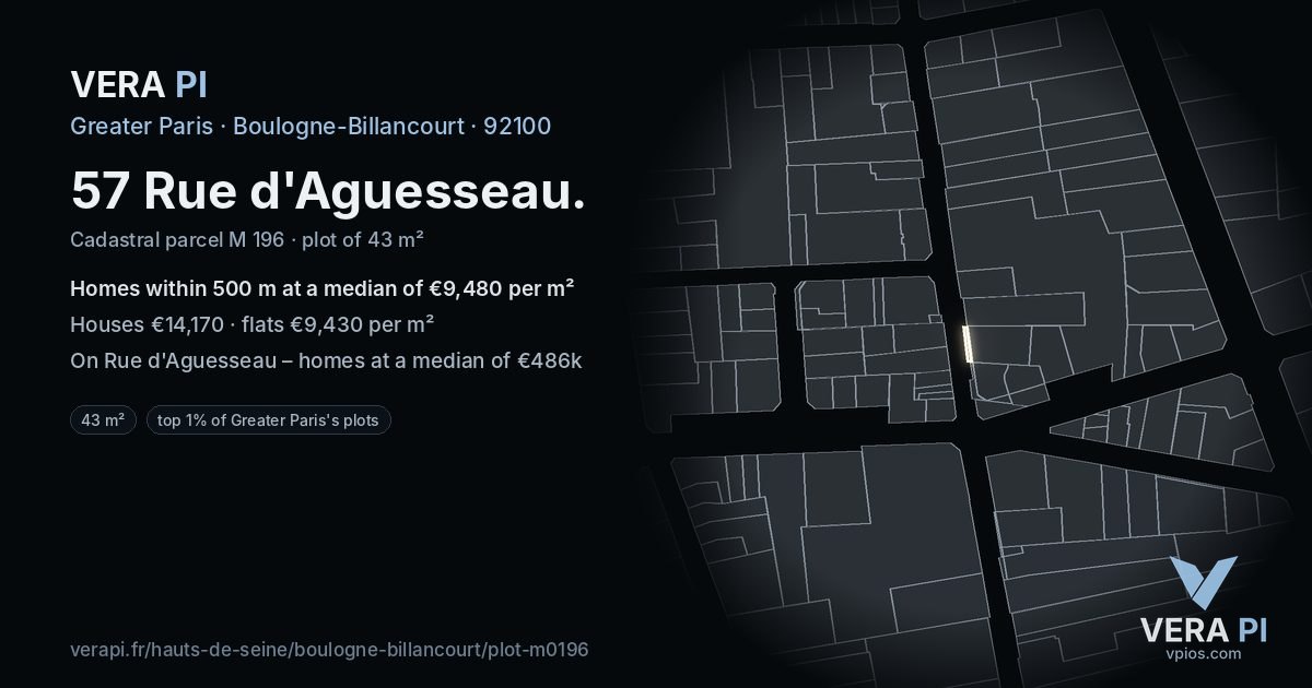 57 Rue d'Aguesseau, Boulogne-Billancourt at night – the plot lit, the parcels around coloured by the prices near them