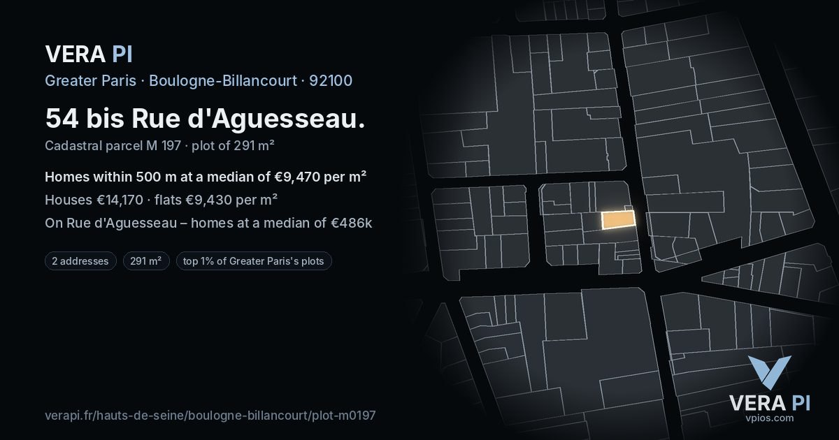 54 bis Rue d'Aguesseau, Boulogne-Billancourt at night – the plot lit, the parcels around coloured by the prices near them