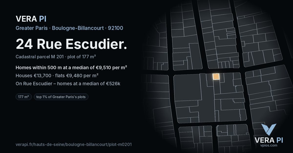 24 Rue Escudier, Boulogne-Billancourt at night – the plot lit, the parcels around coloured by the prices near them