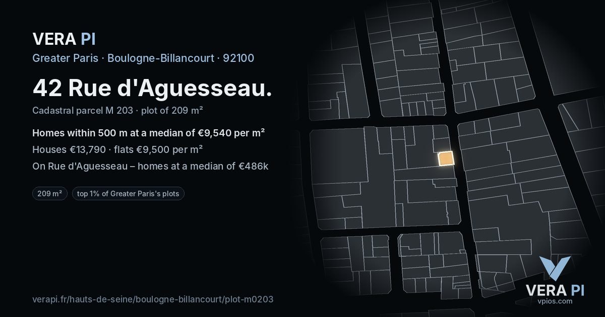 42 Rue d'Aguesseau, Boulogne-Billancourt at night – the plot lit, the parcels around coloured by the prices near them