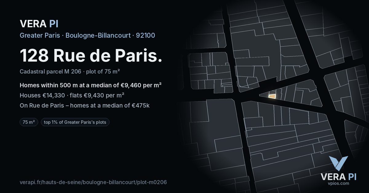 128 Rue de Paris, Boulogne-Billancourt at night – the plot lit, the parcels around coloured by the prices near them