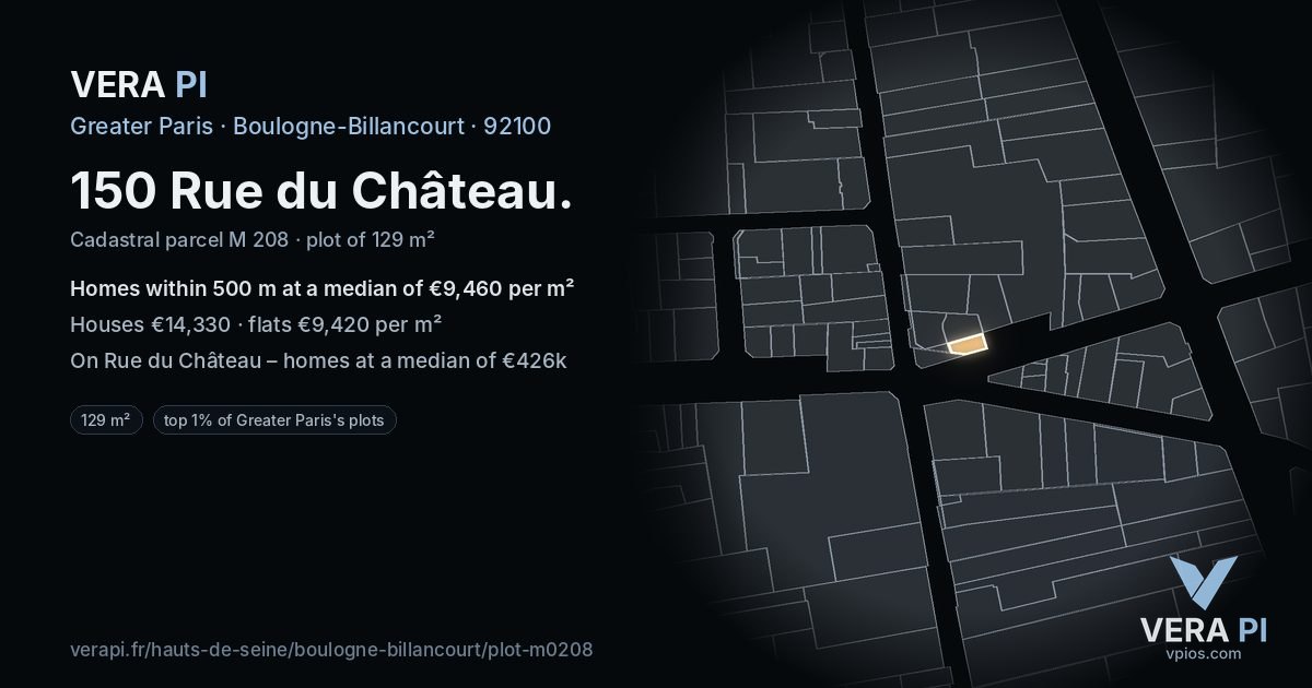 150 Rue du Château, Boulogne-Billancourt at night – the plot lit, the parcels around coloured by the prices near them