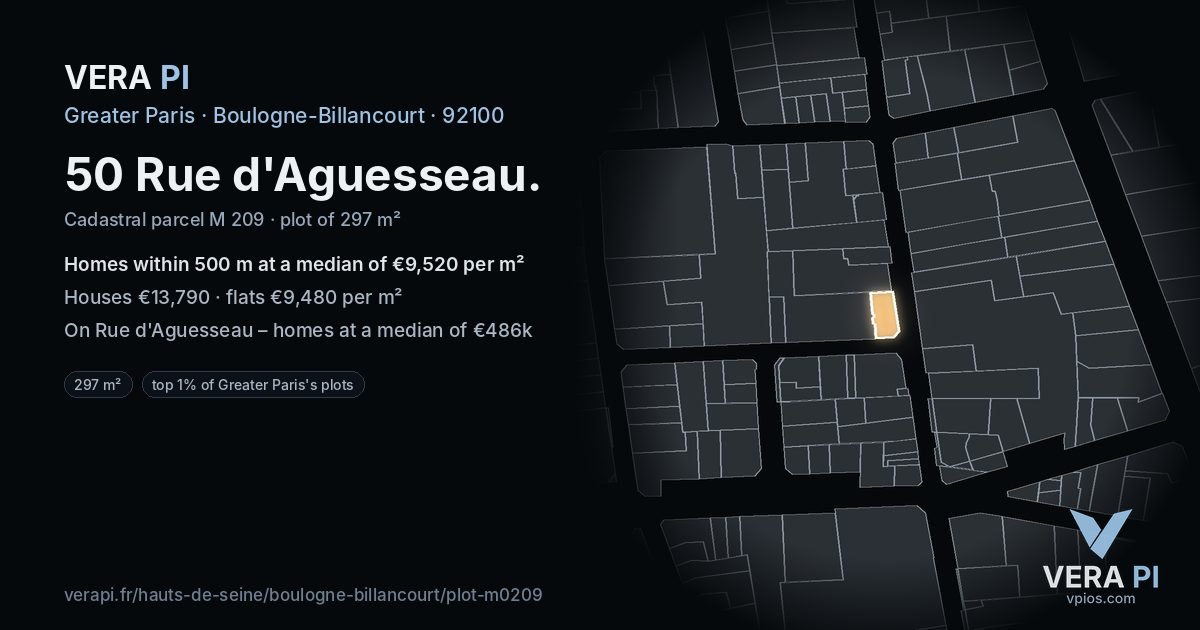 50 Rue d'Aguesseau, Boulogne-Billancourt at night – the plot lit, the parcels around coloured by the prices near them