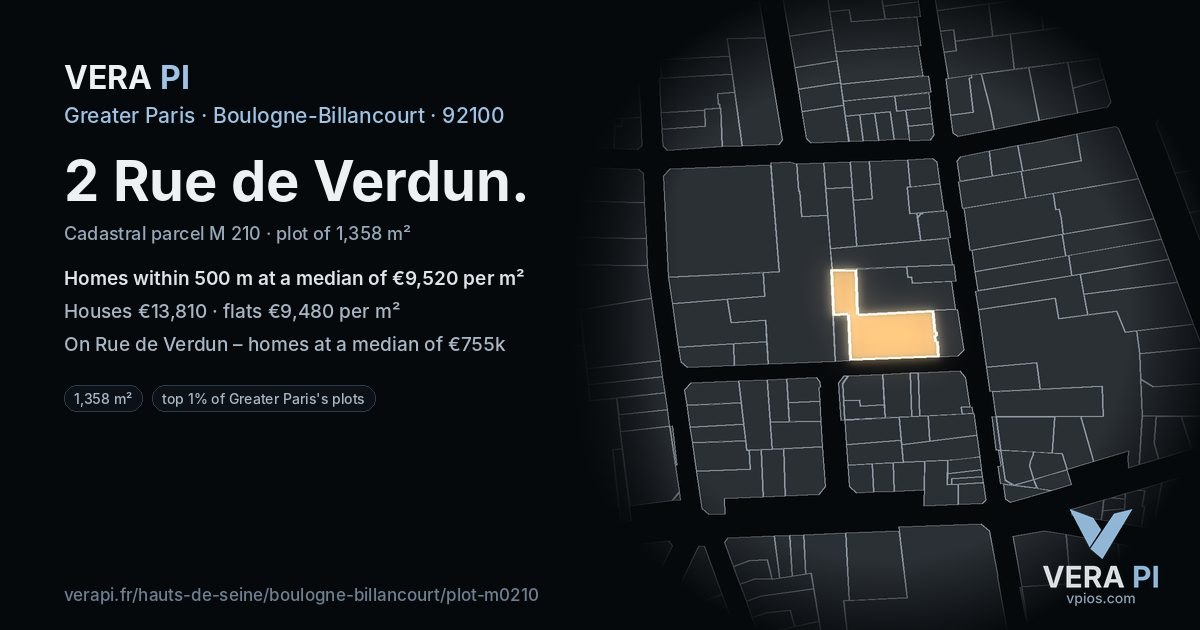 2 Rue de Verdun, Boulogne-Billancourt at night – the plot lit, the parcels around coloured by the prices near them
