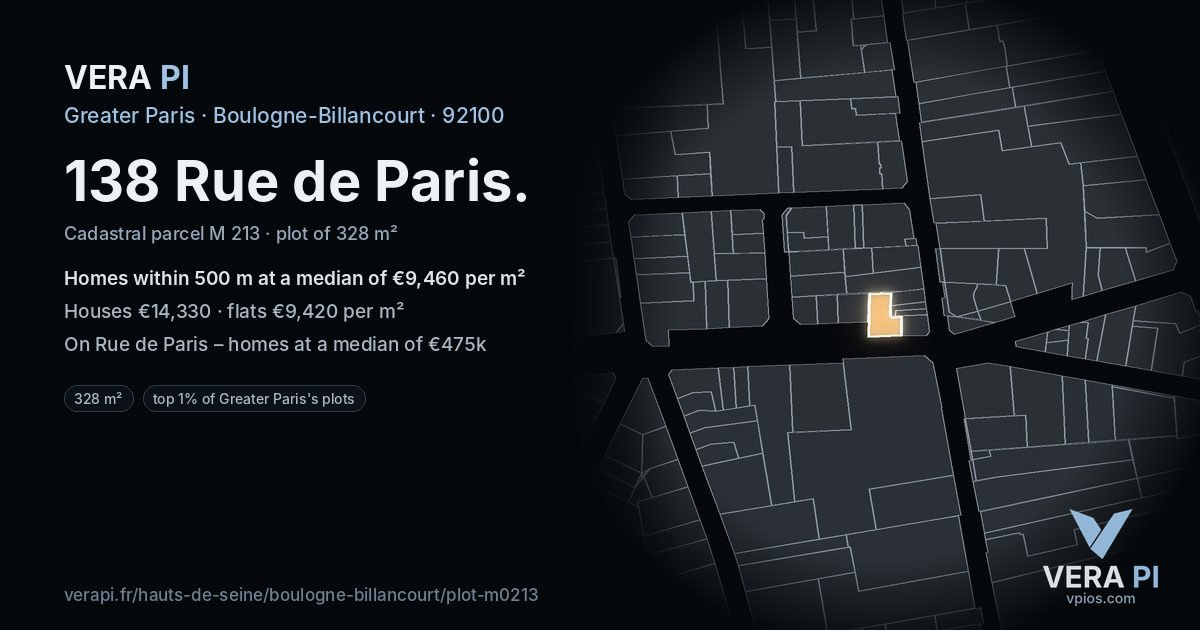 138 Rue de Paris, Boulogne-Billancourt at night – the plot lit, the parcels around coloured by the prices near them