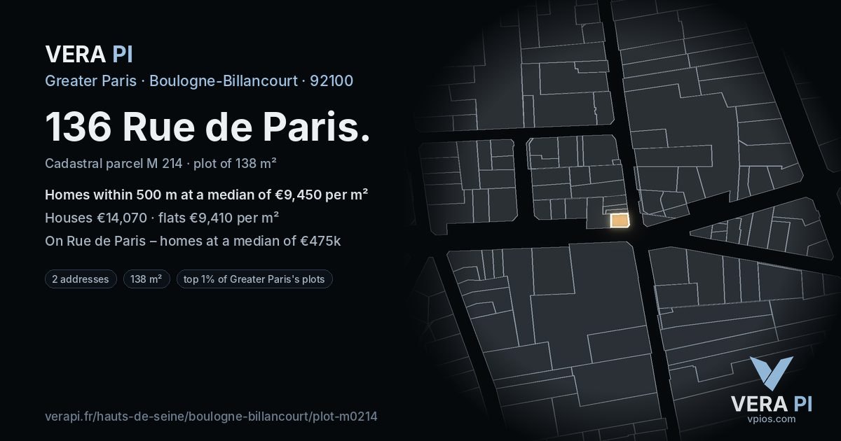 136 Rue de Paris, Boulogne-Billancourt at night – the plot lit, the parcels around coloured by the prices near them