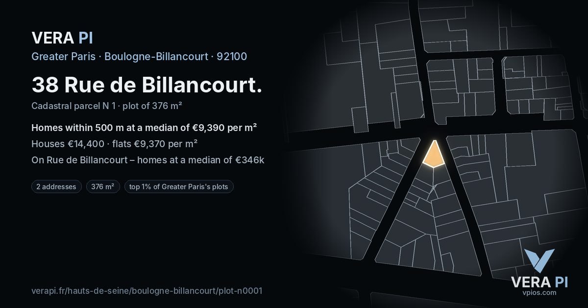 38 Rue de Billancourt, Boulogne-Billancourt at night – the plot lit, the parcels around coloured by the prices near them