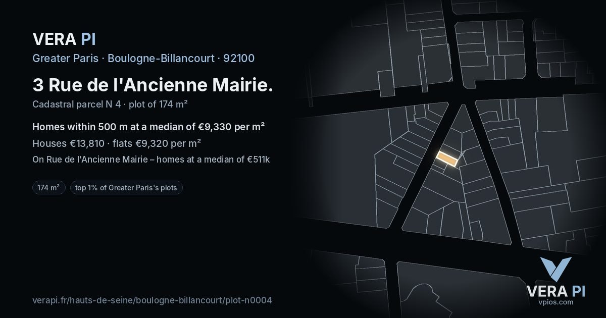 3 Rue de l'Ancienne Mairie, Boulogne-Billancourt at night – the plot lit, the parcels around coloured by the prices near them