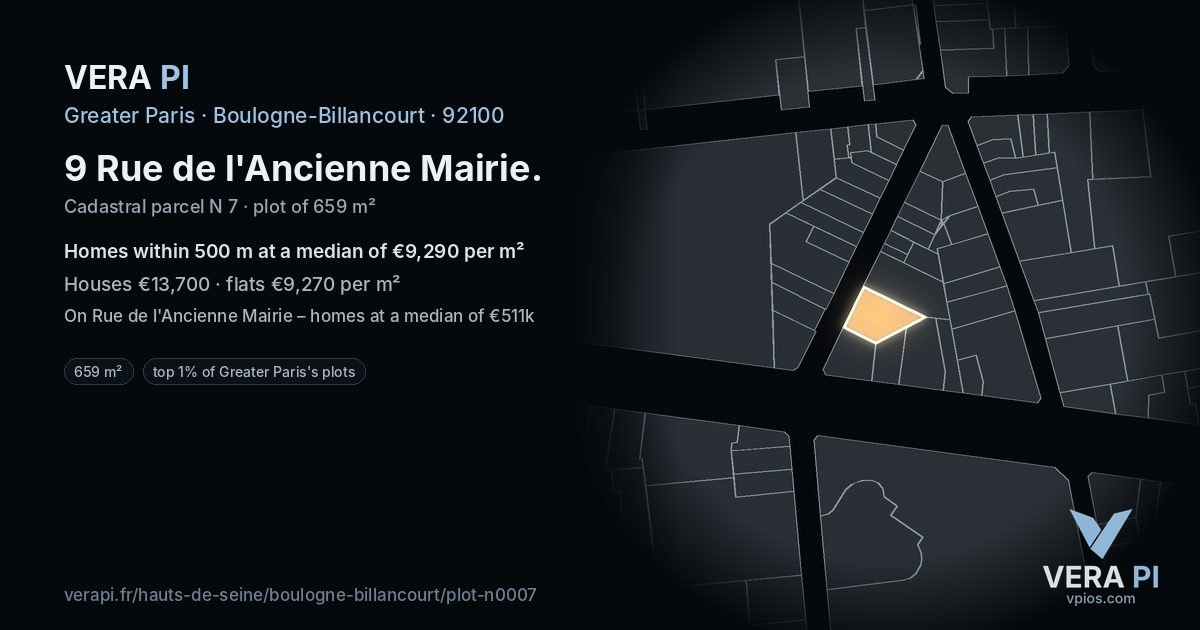9 Rue de l'Ancienne Mairie, Boulogne-Billancourt at night – the plot lit, the parcels around coloured by the prices near them