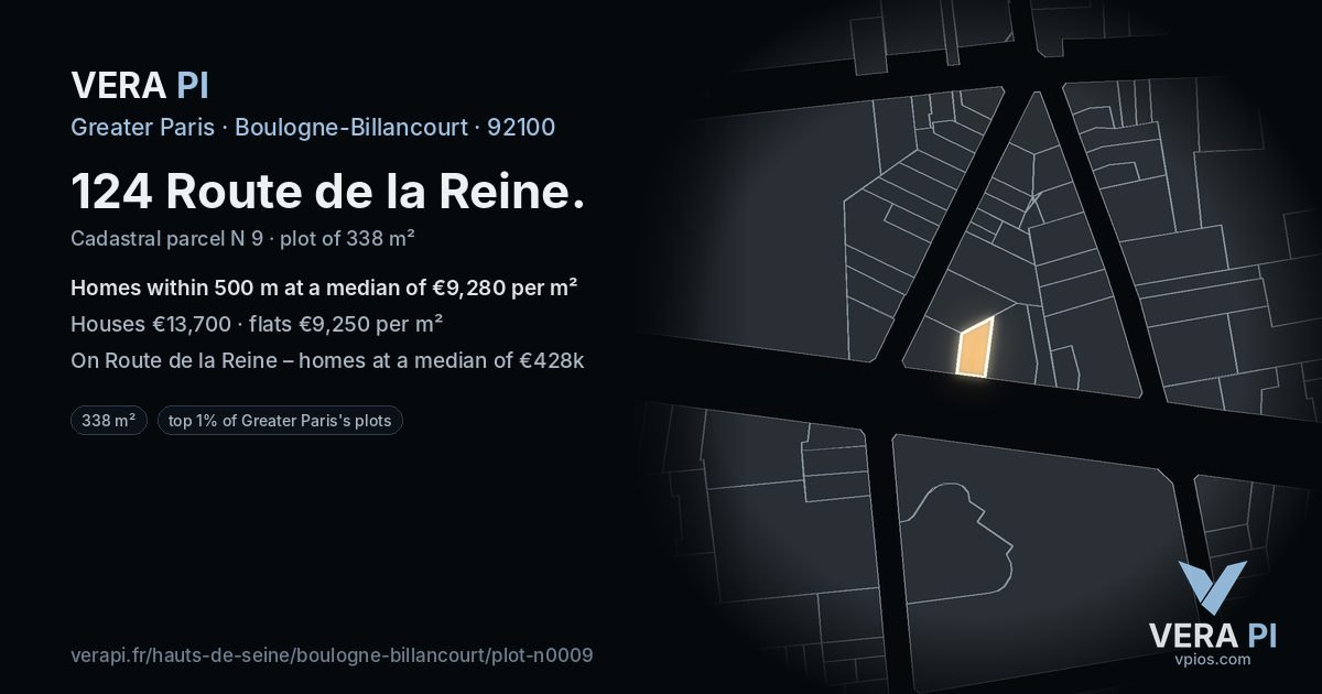 124 Route de la Reine, Boulogne-Billancourt at night – the plot lit, the parcels around coloured by the prices near them