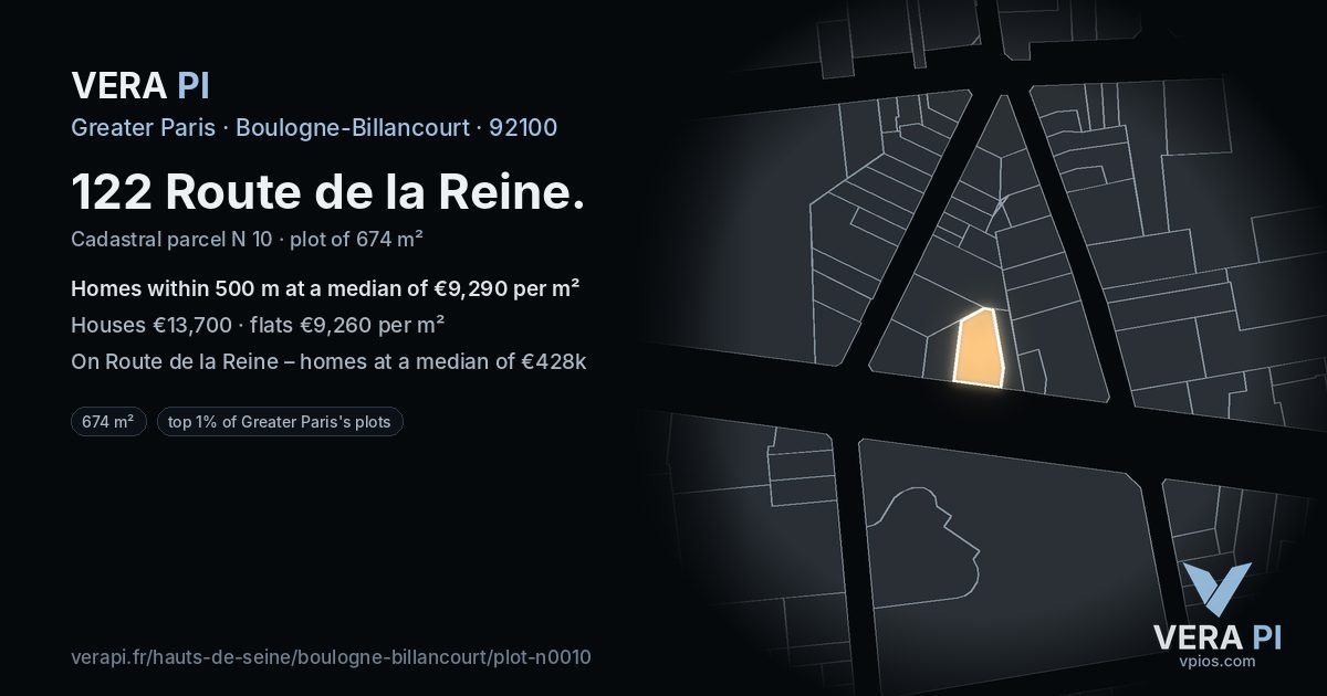 122 Route de la Reine, Boulogne-Billancourt at night – the plot lit, the parcels around coloured by the prices near them