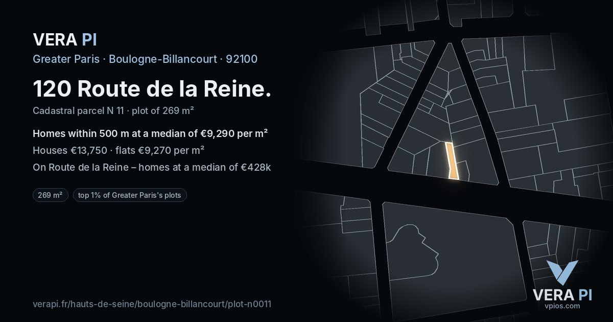 120 Route de la Reine, Boulogne-Billancourt at night – the plot lit, the parcels around coloured by the prices near them