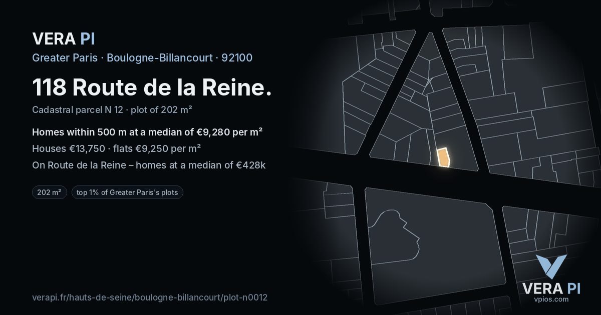 118 Route de la Reine, Boulogne-Billancourt at night – the plot lit, the parcels around coloured by the prices near them