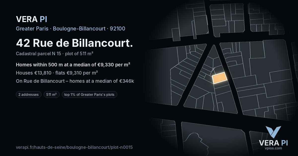 42 Rue de Billancourt, Boulogne-Billancourt at night – the plot lit, the parcels around coloured by the prices near them