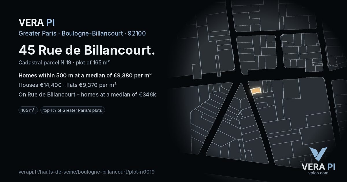 45 Rue de Billancourt, Boulogne-Billancourt at night – the plot lit, the parcels around coloured by the prices near them