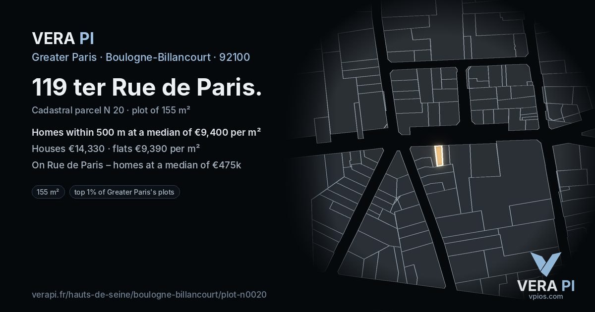 119 ter Rue de Paris, Boulogne-Billancourt at night – the plot lit, the parcels around coloured by the prices near them