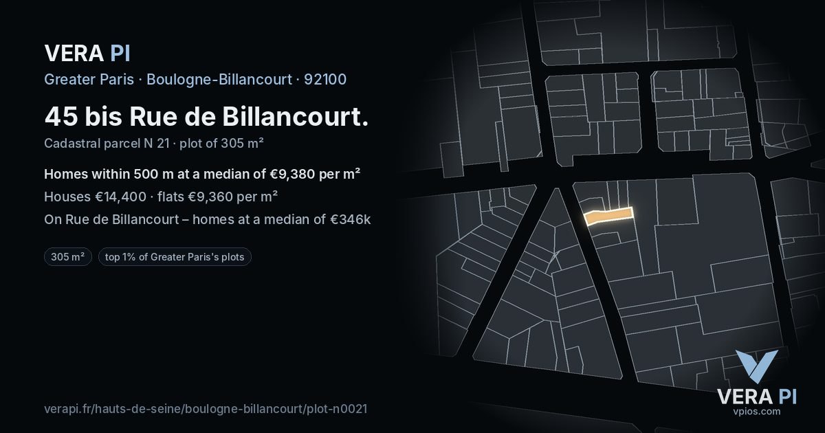 45 bis Rue de Billancourt, Boulogne-Billancourt at night – the plot lit, the parcels around coloured by the prices near them