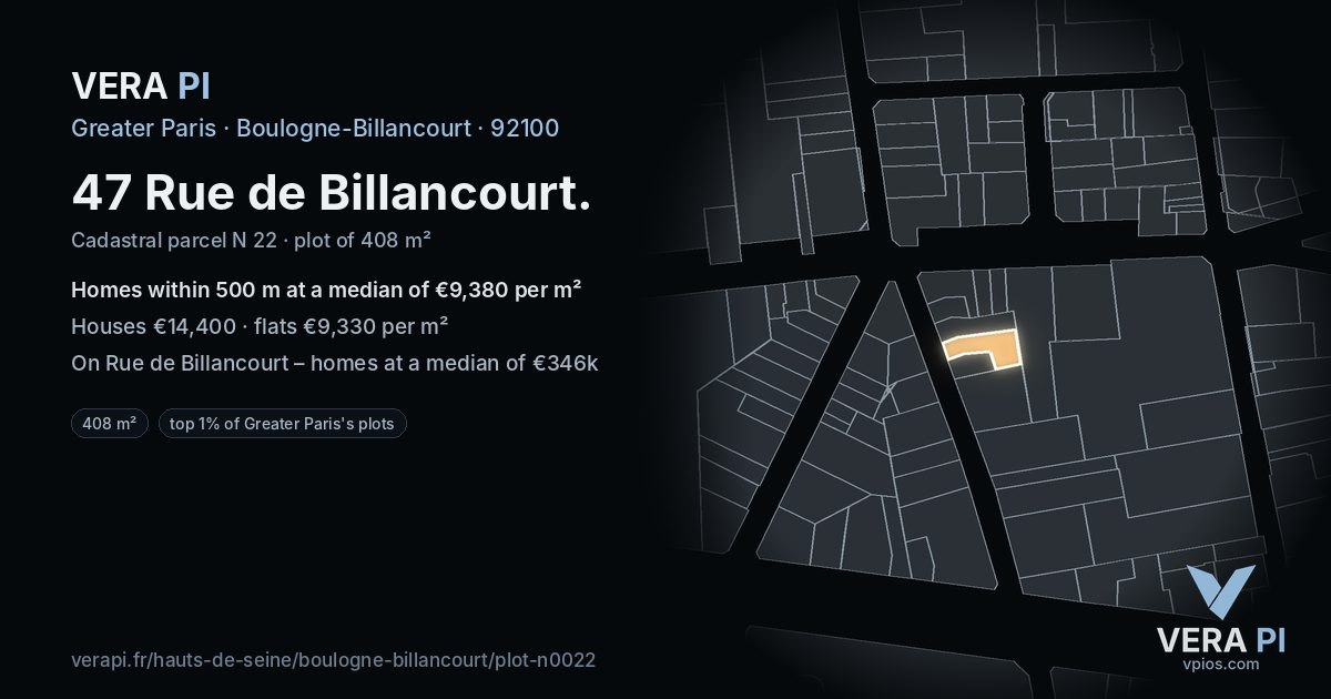 47 Rue de Billancourt, Boulogne-Billancourt at night – the plot lit, the parcels around coloured by the prices near them