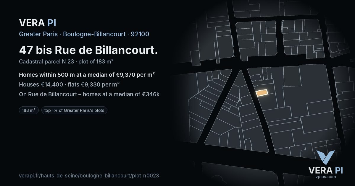 47 bis Rue de Billancourt, Boulogne-Billancourt at night – the plot lit, the parcels around coloured by the prices near them