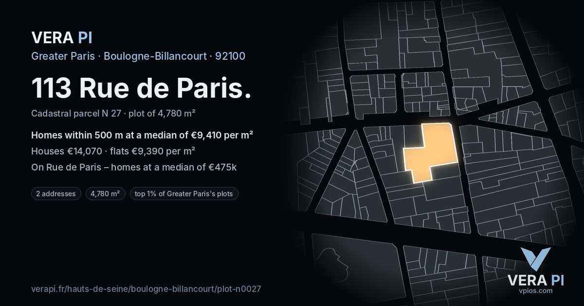 113 Rue de Paris, Boulogne-Billancourt at night – the plot lit, the parcels around coloured by the prices near them
