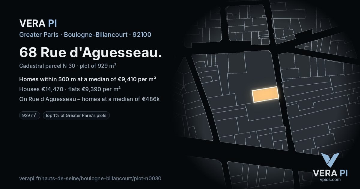 68 Rue d'Aguesseau, Boulogne-Billancourt at night – the plot lit, the parcels around coloured by the prices near them
