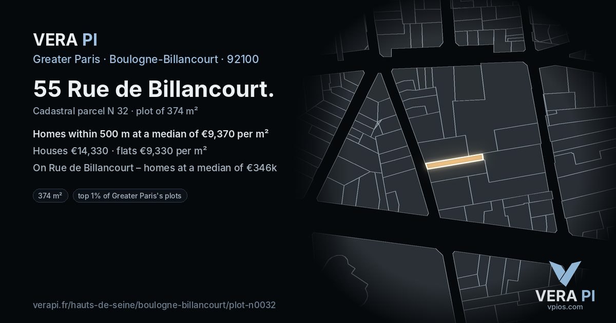 55 Rue de Billancourt, Boulogne-Billancourt at night – the plot lit, the parcels around coloured by the prices near them