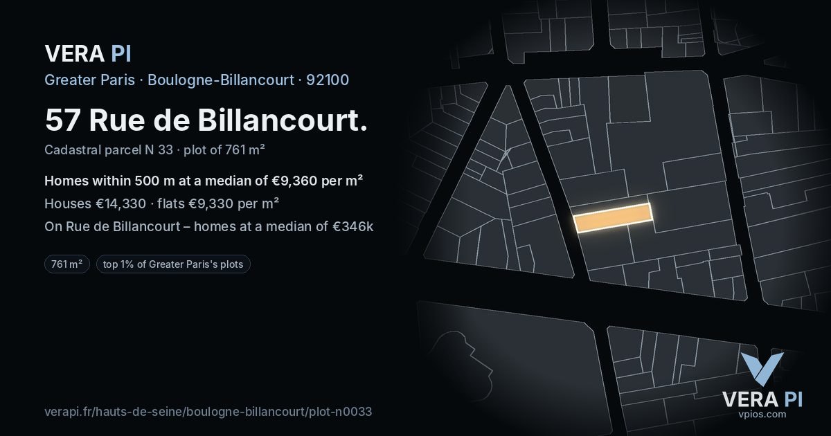 57 Rue de Billancourt, Boulogne-Billancourt at night – the plot lit, the parcels around coloured by the prices near them