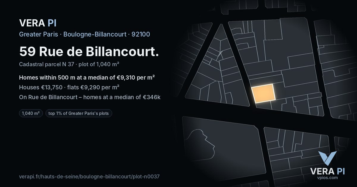 59 Rue de Billancourt, Boulogne-Billancourt at night – the plot lit, the parcels around coloured by the prices near them