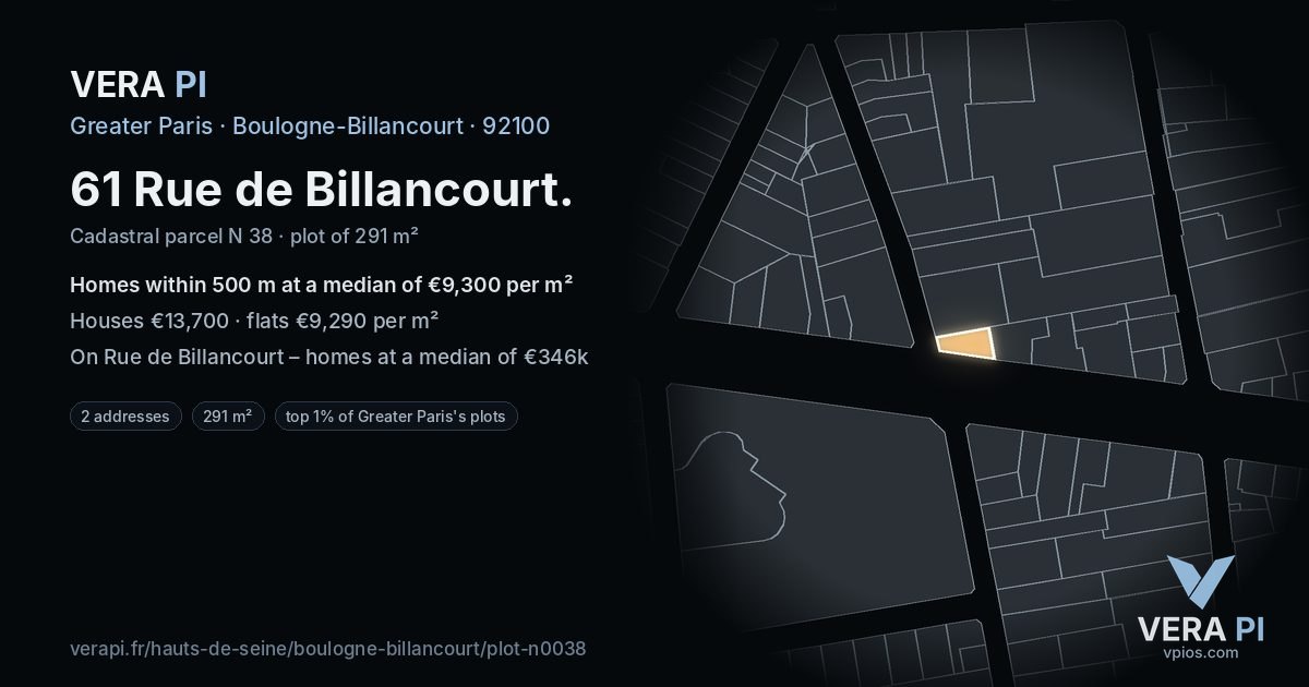 61 Rue de Billancourt, Boulogne-Billancourt at night – the plot lit, the parcels around coloured by the prices near them