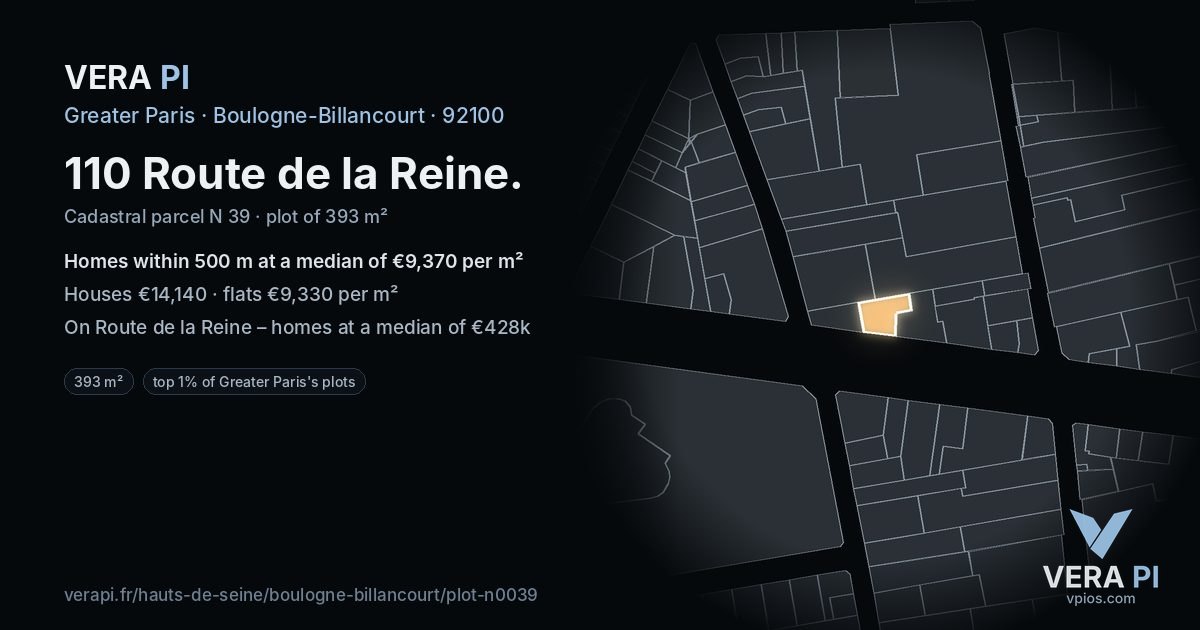 110 Route de la Reine, Boulogne-Billancourt at night – the plot lit, the parcels around coloured by the prices near them