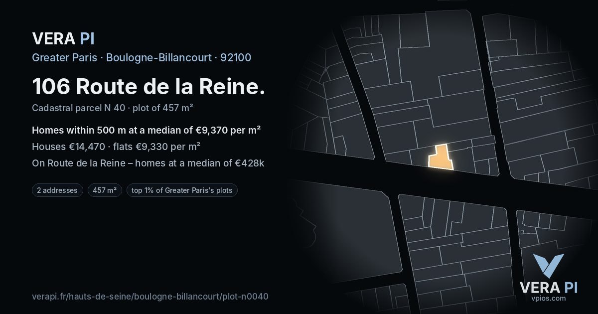 106 Route de la Reine, Boulogne-Billancourt at night – the plot lit, the parcels around coloured by the prices near them