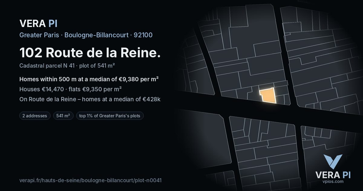 102 Route de la Reine, Boulogne-Billancourt at night – the plot lit, the parcels around coloured by the prices near them