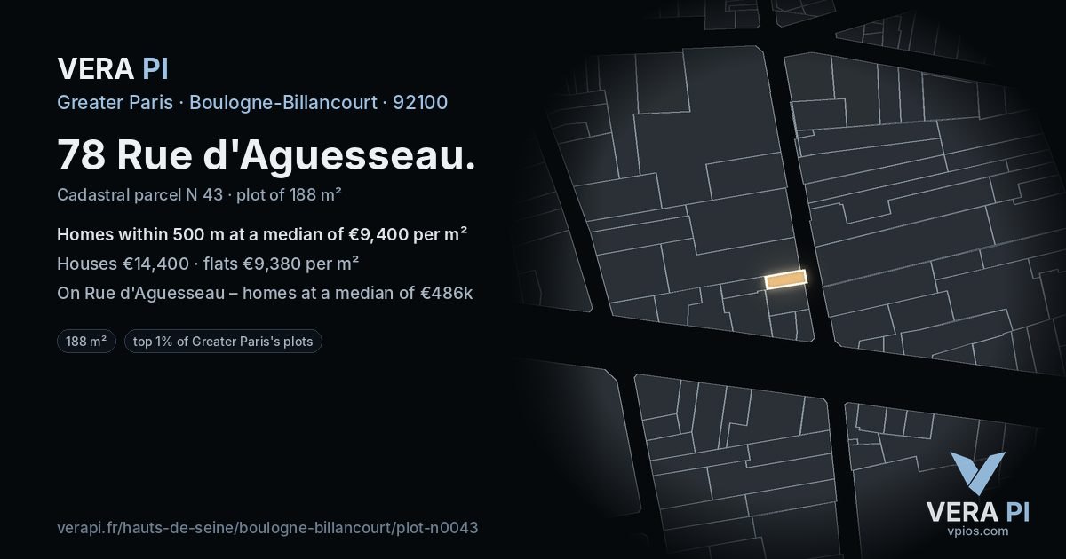 78 Rue d'Aguesseau, Boulogne-Billancourt at night – the plot lit, the parcels around coloured by the prices near them