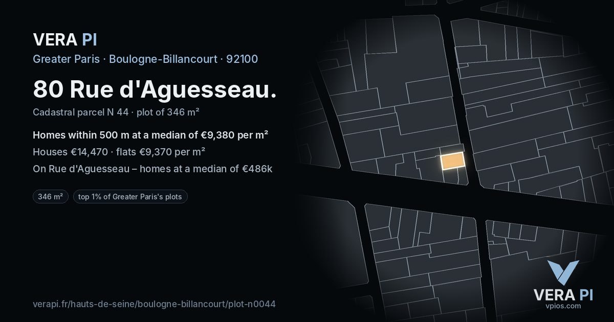 80 Rue d'Aguesseau, Boulogne-Billancourt at night – the plot lit, the parcels around coloured by the prices near them