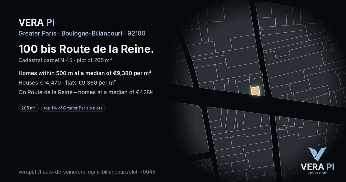 100 bis Route de la Reine, Boulogne-Billancourt at night – the plot lit, the parcels around coloured by the prices near them