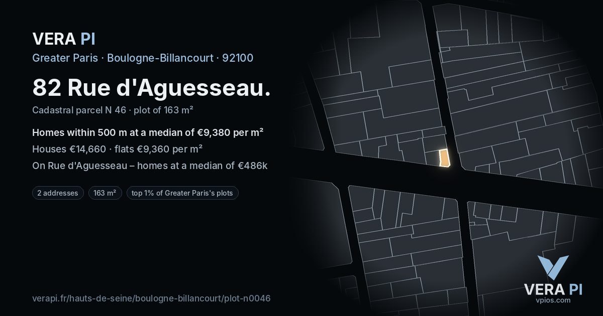 82 Rue d'Aguesseau, Boulogne-Billancourt at night – the plot lit, the parcels around coloured by the prices near them