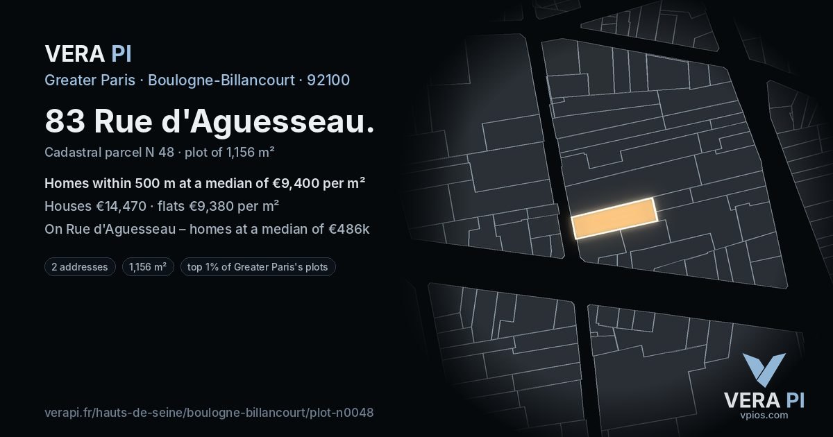 83 Rue d'Aguesseau, Boulogne-Billancourt at night – the plot lit, the parcels around coloured by the prices near them